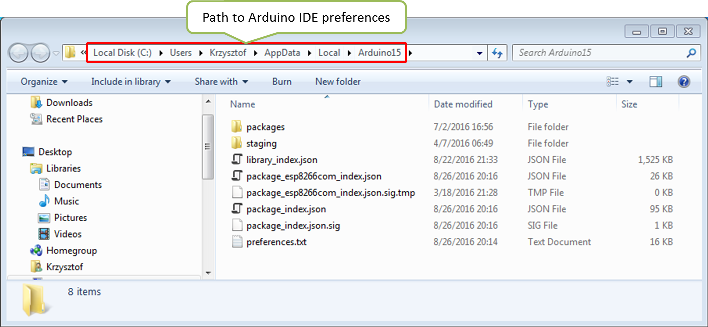 Contents of Arduino IDE preferences folder